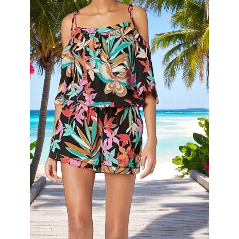Trina Turk Women's Affable Papillion Palm Print Cold Shoulder Romper Size: M